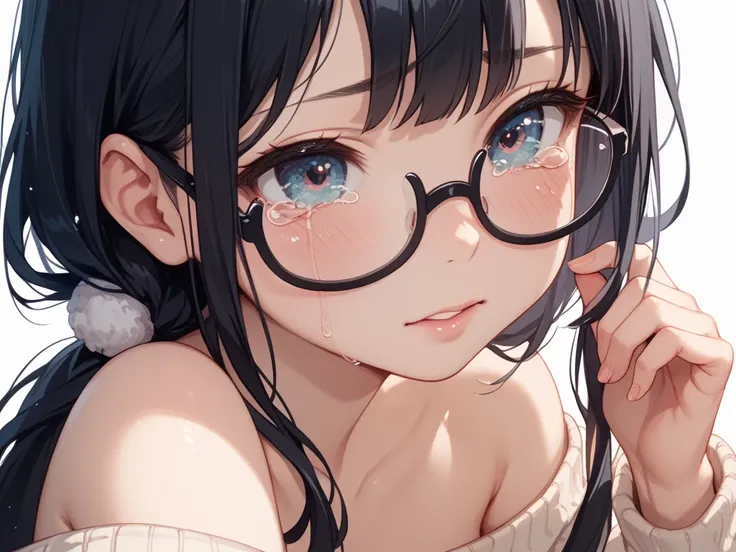  black hair,Very young face,Beautiful Girl,black rimmed glasses,naked,full pussy visible,I can see the whole thing even when I close my legs,is embarrassing,Tears in my eyes,I cried,I only wear a sweater,Sweaters are short,lower body is fully visible,Even ...