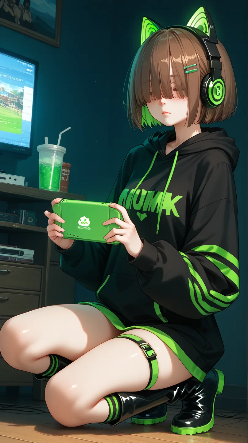 Gamer girl playing on a portable game console、masterpiece、Best Quality、uncorrected、In the city、Akihabara、Hair over eyes、brown bob cut、Cat-ear glowing gaming headphones、black large hoodie with fluorescent green line、fluorescent green line on black miniskirt...