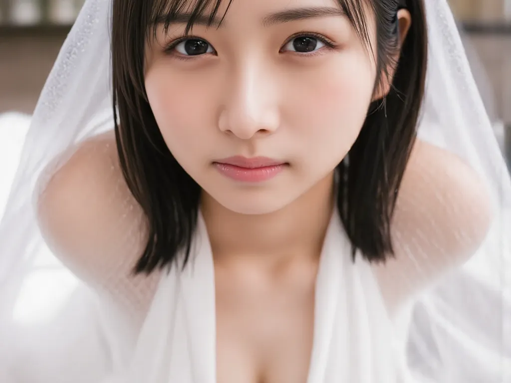 Beautiful young Japanese woman standing in center,  tight , supple natural breasts ,  full body shot,  Hyper Pretty Face, Age 19, Big Breasts, wet body, glossy lips, on neck, hands and feet , natural cosmetic,  hair up to shoulder blades ,  long eyelashes,...