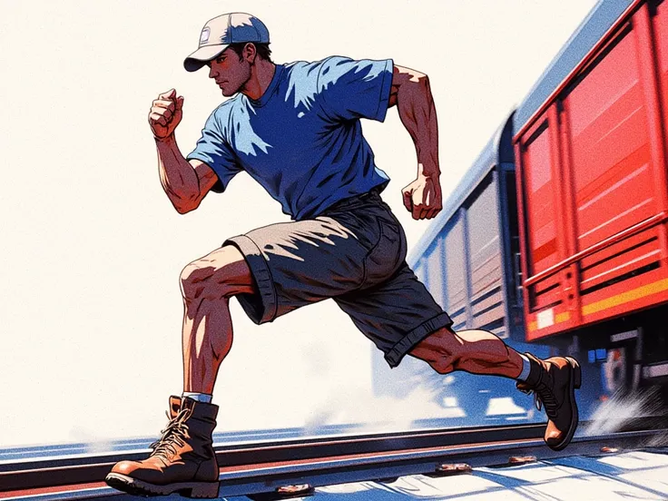 Muscular man Very very high too high is too high  in blue t-shirt and long shorts with work boots and brown shoes With short socks With baseball cap Loose fit t-shirt Loose T-shirt Loose T-shirt Knee-length shorts Full body Full body Full body Full body Fu...