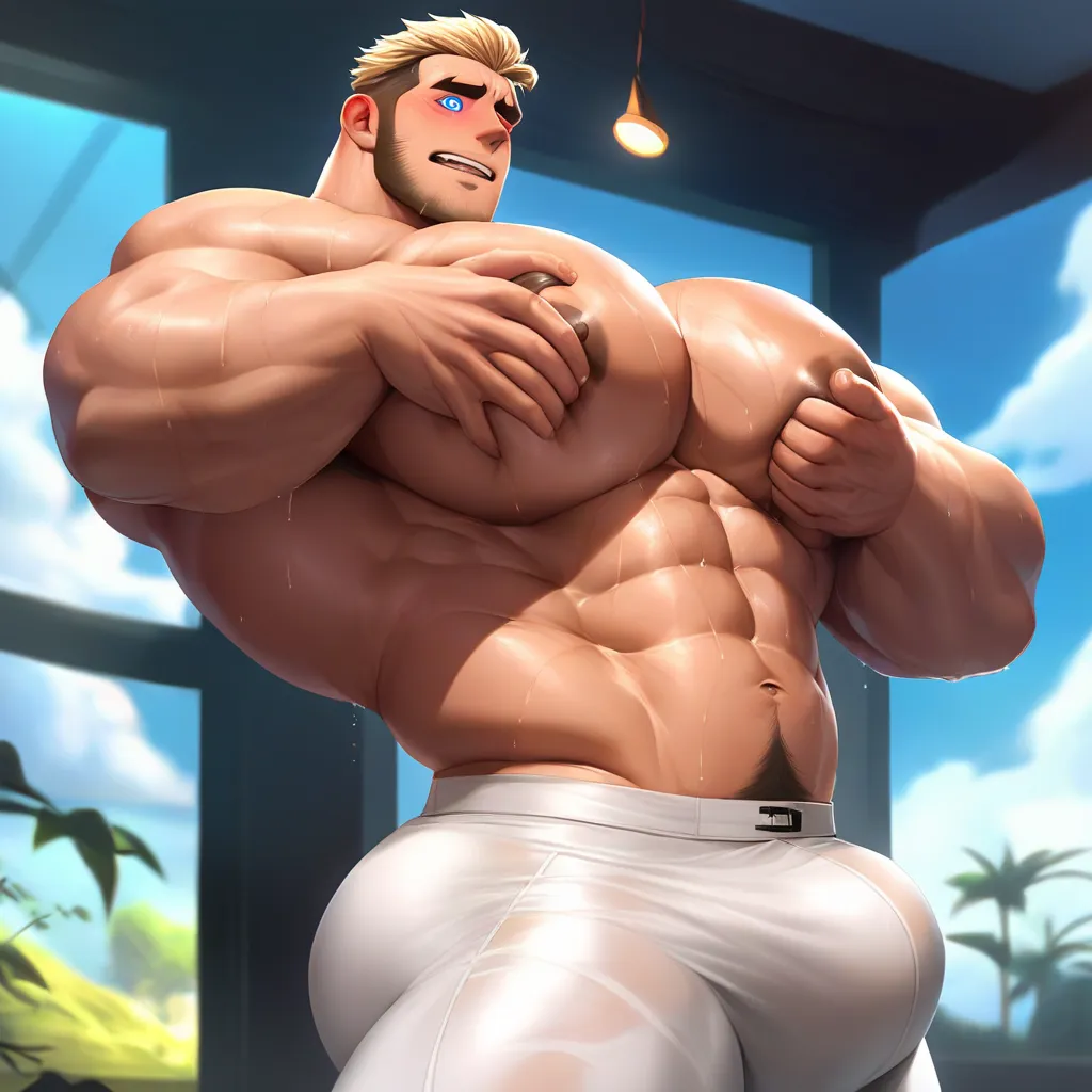 1bara, bara, male focus, solo, muscular male, big pecs, male nipples, groping pecs, solo, big hyper bulge, tight clothing, standing, sweat, brainless, hypnotized, white pants, wet clothes, topless  BREAK score_9, score_8_up, score_7_up, score_6_up, saying ...