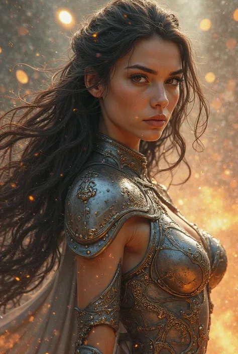 Create a beautiful feminine AI with brown eyes, long hair,  warrior style , Like the Goddess of War