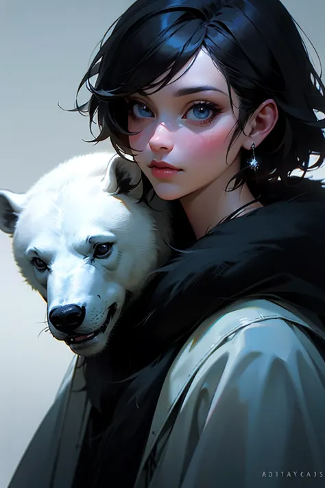 Man with short black hair, Young ,  ear earrings .wearing black snow coat, Is there a polar bear behind it in the background 