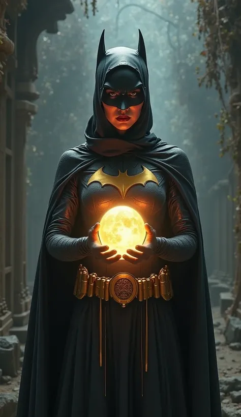 modest fully covered batgirl with virgo glowing orb in hand