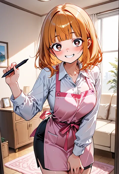 1Woman, standing, in living room, fair skin, orange hair, blunt bangs, brown eyes, smiling, adult, White buttoned shirt, black pencil skirt, crazy eyes, heart pupils, 30 years old, living room, dusting, pink apron, happy