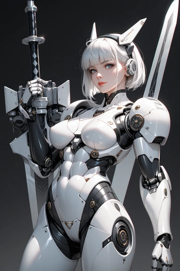 A female cyborg dressed in black and white armor with a metallic texture. One of his arms is a sword with a liquid look.The entire body of its mechanical exoskeleton appears very delicate, with a sense of advanced technology. High contrast, sharp details, ...