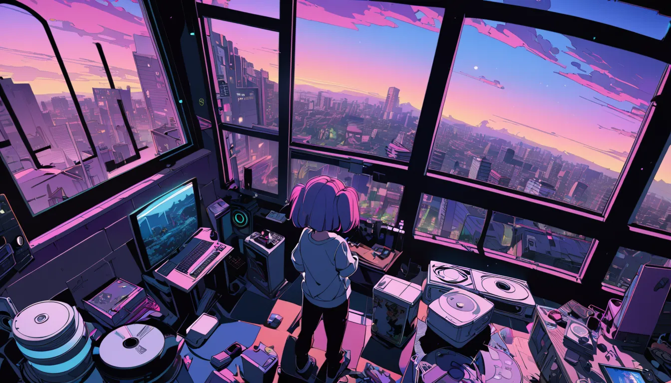  lo-fi,Ultra Wide Angle, (from behind), Toy Soldiers - Martika ( night ), Pink and blue sunset , (beautiful night views from windows), A lot of things ,  2D anime style , Copy 80s Anime Aesthetics ,  lo-fi, very well detailed,  hard disk,  anime style and ...