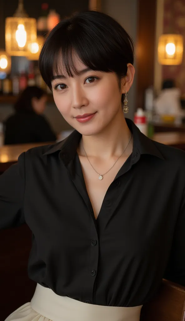  attractive mature woman with only a young face, ( detailed description of the hair), (  face ), ( body that reached its climax ), high image quality ,  masterpiece,  Top Quality,  (Head to Knee Composition:1.6)、(looking at me sideways with a gentle smile:...