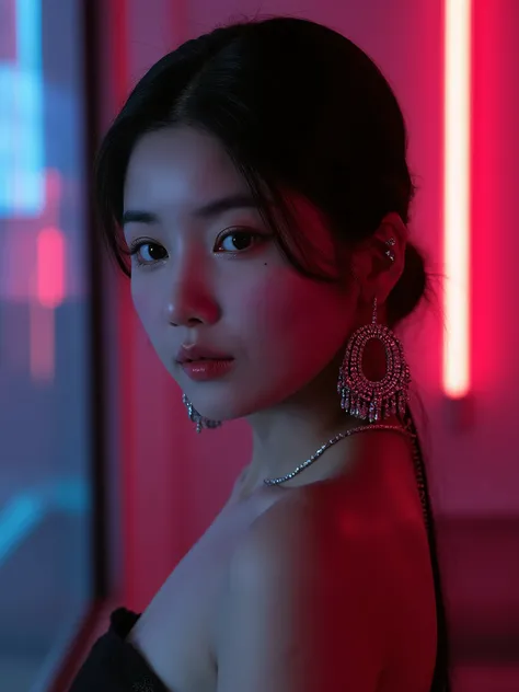 A Korean woman,The most beautiful and delicate face, Profile,bust, Not too big breasts, Her cleavage exposed, Looking at the audience, Half-length photo, Movie Lighting, glow, neon,With big earrings,The earrings should be exposed。