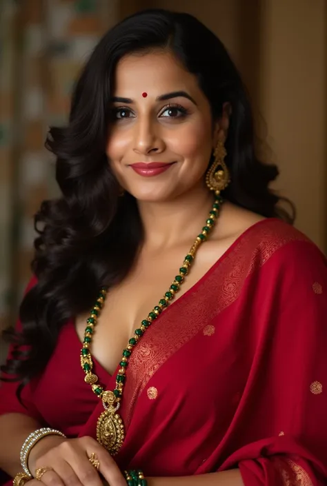 A naughty, voluptuous looking at the viewer and curvaceous light neutral skin tone woman in completely sweaty hairs, in a traditional attire, wearing a deep red messed up elegant saree, no blouse piece and intricate jewelry glass green bangles and a red sm...