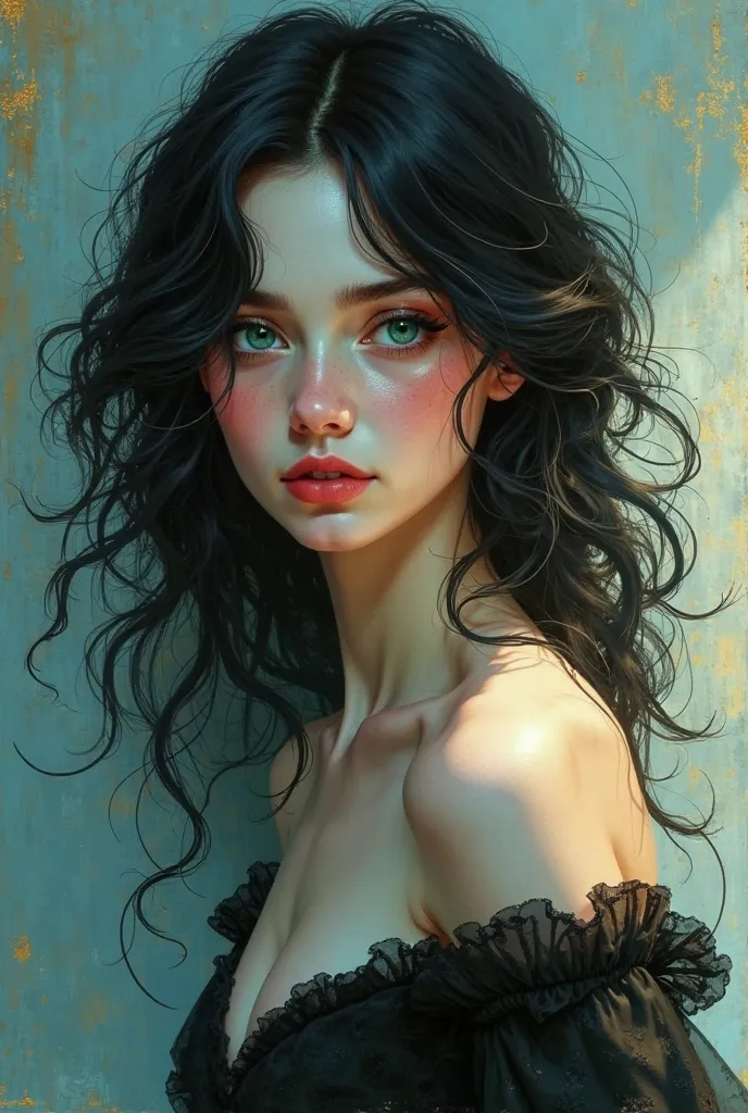 A digital portrait in illustrative painting style of a mysterious young woman with black and wavy hair,  that falls softly on her shoulders . his eyes, of a brilliant emerald green shade, reflects curiosity and depth. Her skin is white and luminous, with a...