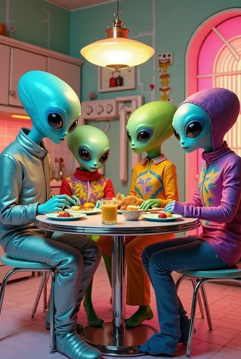 A retro-futuristic scene of a family of aliens eating breakfast in their home, set in the 60s. The family is composed of four humanoid aliens with skin scenes in vibrant tones (blue, green, purple and pink), Big, bright eyes, and slightly elongated heads. ...