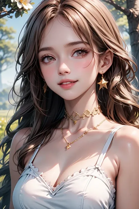 (masterpiece, Best Quality, 8k, High Resolution), 1 young woman, beautiful face, thin, slender, long, beautiful brown eyes, pink lips, Beautiful Nose, Brown-black long hair , Perfect face , perfect style, smile,  best anime girl , Grassland with forests, w...