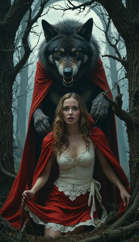 A scared crying  Little Red Riding Hood with absurdly long wavy hair, cowering in fear, lifting her very short vibrant crimson skirt with delicate, antique-inspired lace trim that shows her knees and adorned in her iconic, billowing red cloak, paired with ...