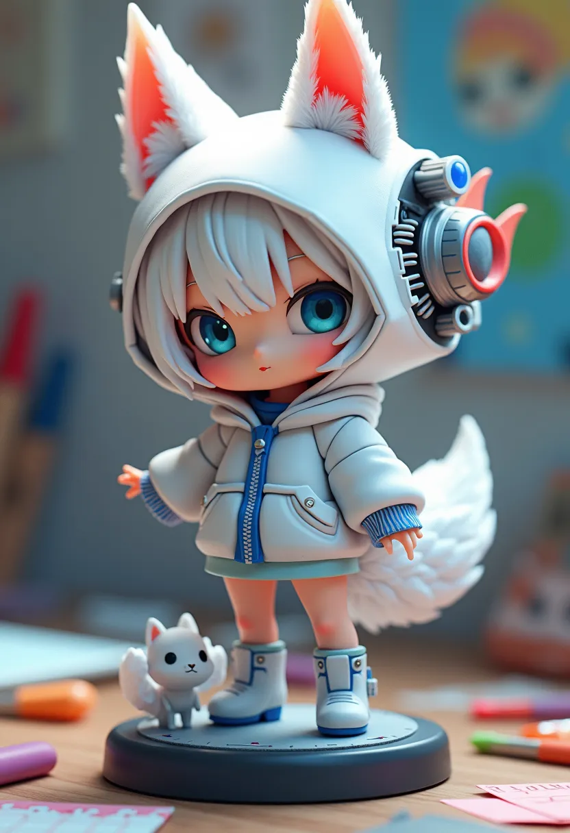 "A chibi-style anime girl with white fox ears and fluffy white hair, wearing a futuristic oversized hoodie with blue accents, a short skirt, and stylish boots. She has large, expressive blue eyes and a cute expression. A mechanical-looking tail extends fro...