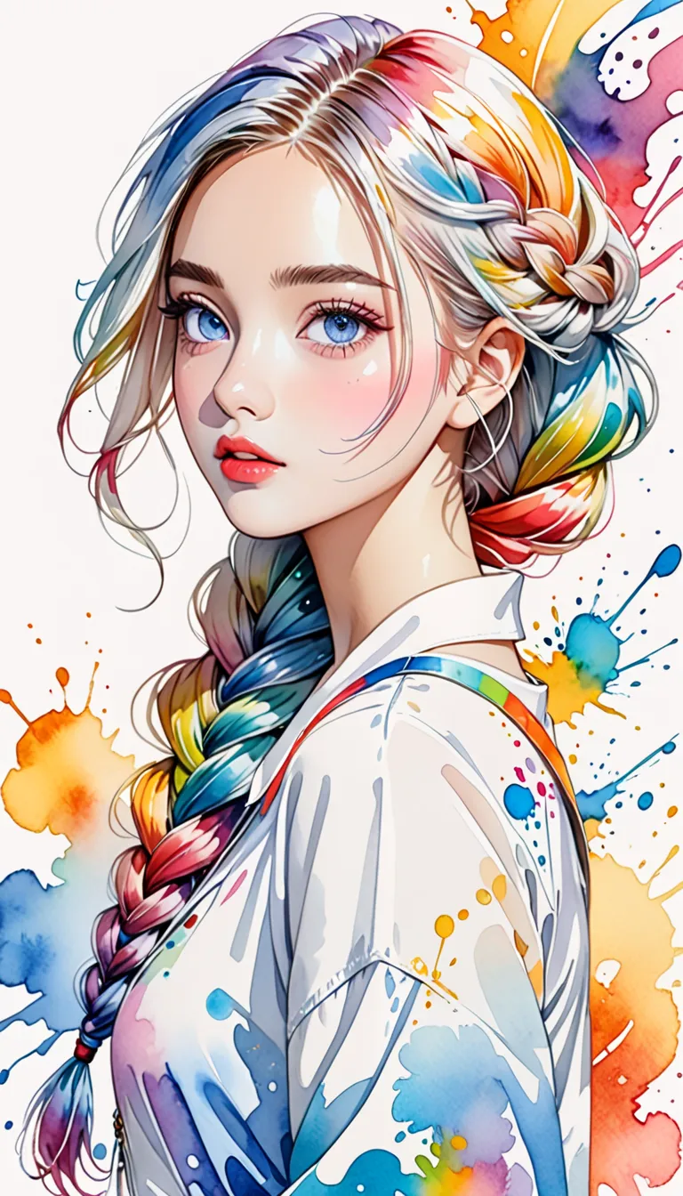 Create STICKER IN FULL BODY PORTRAIT in completely WHITE BACKGROUND, in 4K quality, line art, high detail girl stylish fashion, highlight a young girl, pretty and smooth silky MESSY OMBRE BLONE BRAID hair COLOR、Intense watercolor, Detailed watercolor art, ...