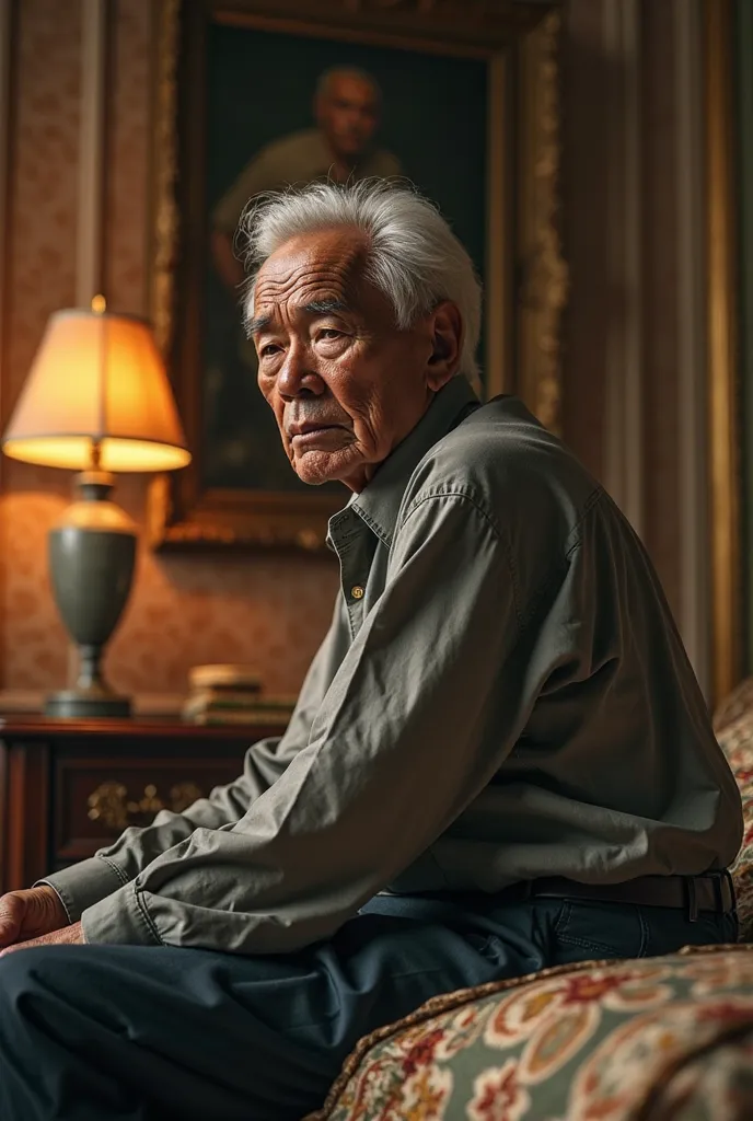 old malay man frowning sitting on bed side view fancy house
