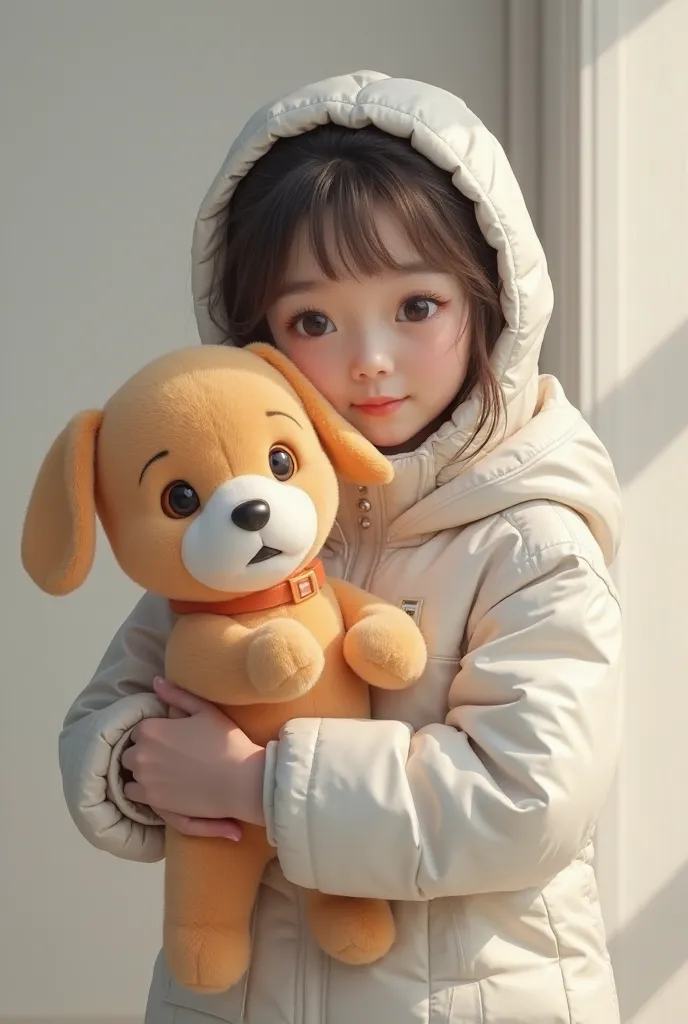 A South Korean woman in a cold suit hugging a cute police puppy stuffed toy