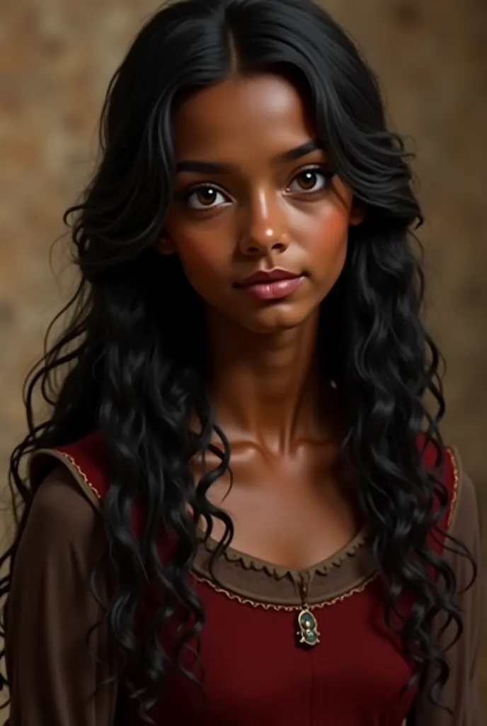 ( The Context of the Images is medieval, supernatural and magical) create a girl 
Warm brown-skinned girl,  deep dark eyes . his hair is jet black, long and wavy brown eyes. She usually wears simple but elegant clothes.
high resolution, Alone, 