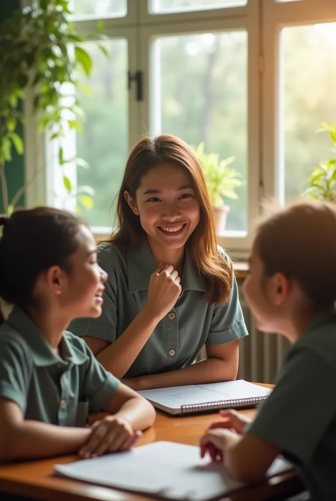 create a happy day 8 video/3 for neighborhood elementary school teacher collective, portraits of teachers teaching in class, they wear uniforms,  radiant smile, happy emotions, ánh sáng  warm , sun shining through the window, greenery in the classroom, woo...