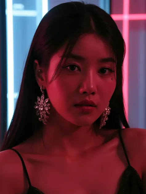 A Korean woman,The most beautiful and delicate face, Profile,bust, Not too big breasts, Her cleavage exposed, Looking at the audience, Half-length photo, Movie Lighting, glow, neon,With big earrings,The earrings should be exposed。