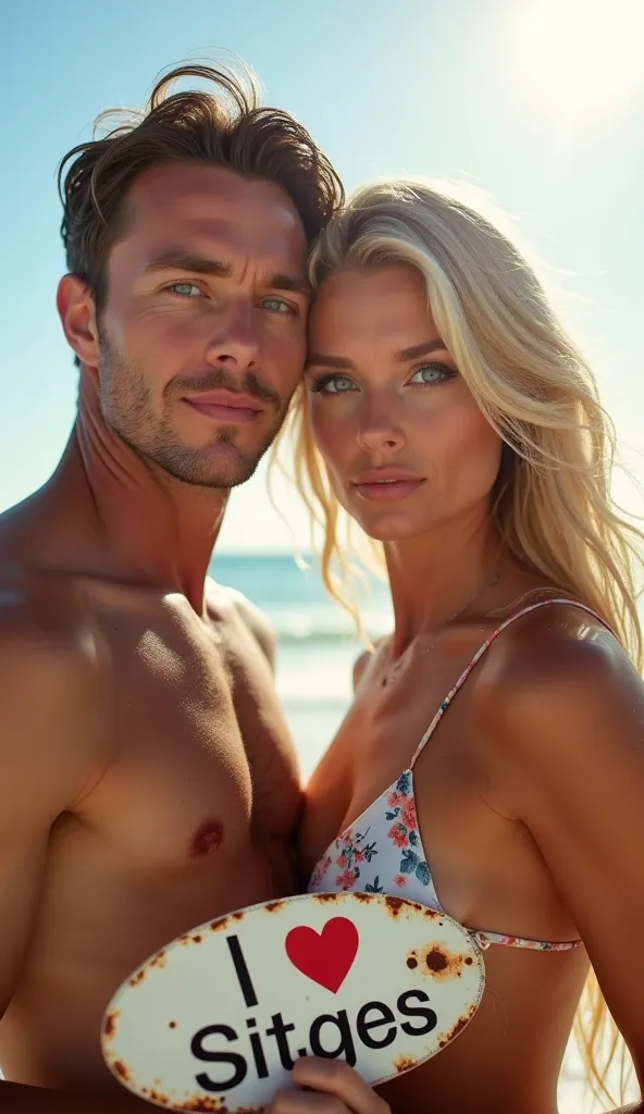 Professional photograph in an ethereal style, vibrant pastel colors, low angle shot with lens flare.  2  surfers man and woman supermodels perfect body similar brad pitt in the beach with expressive blue eyes, sexy smiles, blonde and black hair, tattoo, pi...