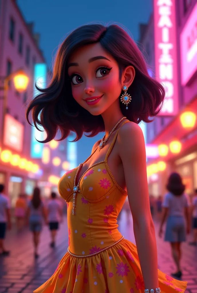 An animated woman, with a mid long hair, wearing a cute dress and accessories. Going on a night-out. 