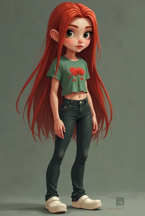 A vampire with long straight red hair whose tips are white,  With a height of approximately 1 ,66, fair skin and slightly pinched black eyes, wearing dark jeans that are glued to the body, white clogs and a cropped t-shirt/Cropped glued to the with green w...