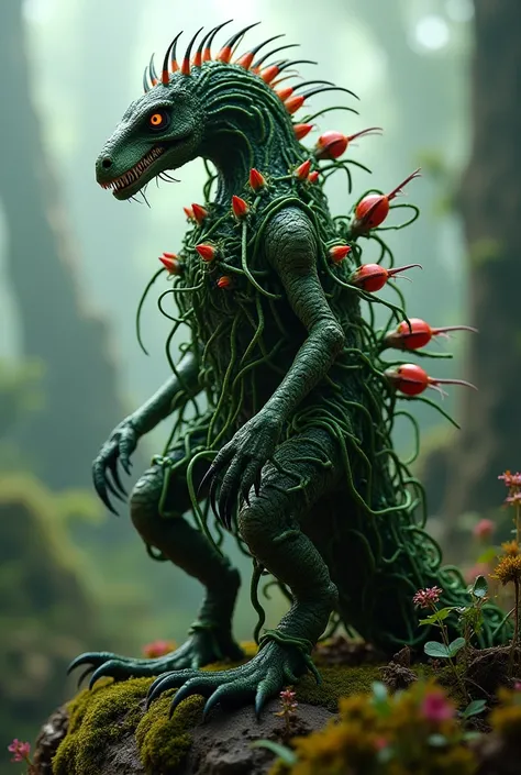 A plant like creature whose body is tangled vines and has a raptor head and fly traps like looking red mouths all over it