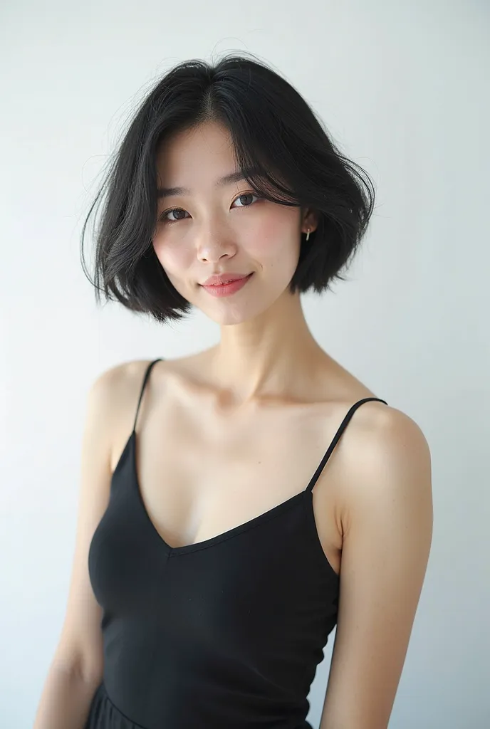 realistic light,natural light,white background,top quality、8 thousand、32,000、masterpiece、UHD:1.2)、photo of korean woman、Korean Shorthair,front position,black hair、upper part of the body,bust、from above、시스루 앞머리 , appreciate, beautiful pic,Short hair, one-pi...