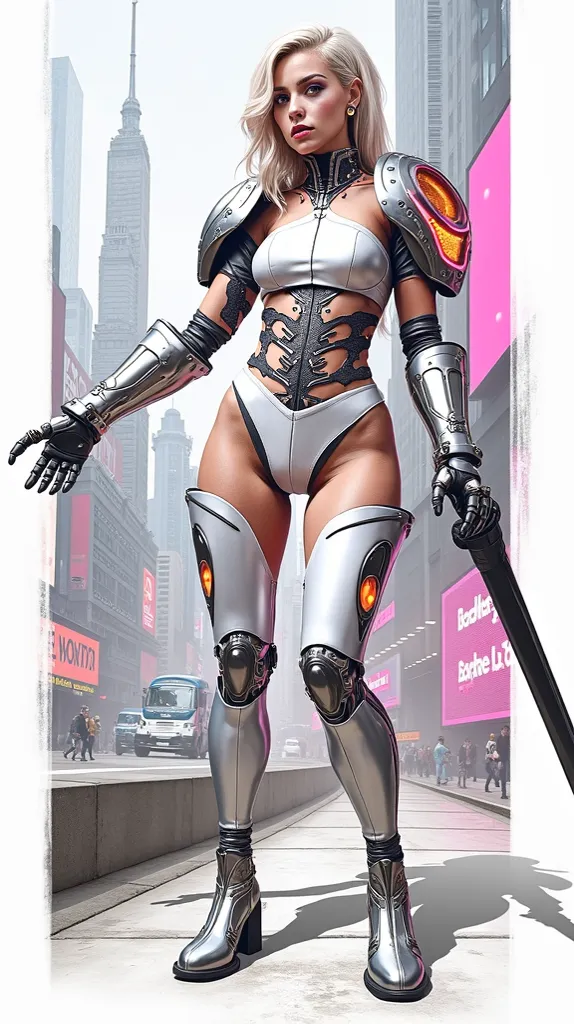 Cyberpunk Gaga: Design a futuristic, robotic outfit for Lady Gaga, incorporating elements of circuit boards, neon lights, and metallic textures. Consider the functionality of the outfit – what purpose does it serve in this cyberpunk world? Showcase the des...