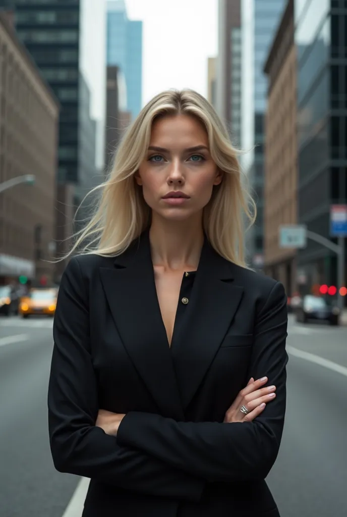 Extremely skinny beautiful blonde woman posing in a black suit shirt in New York