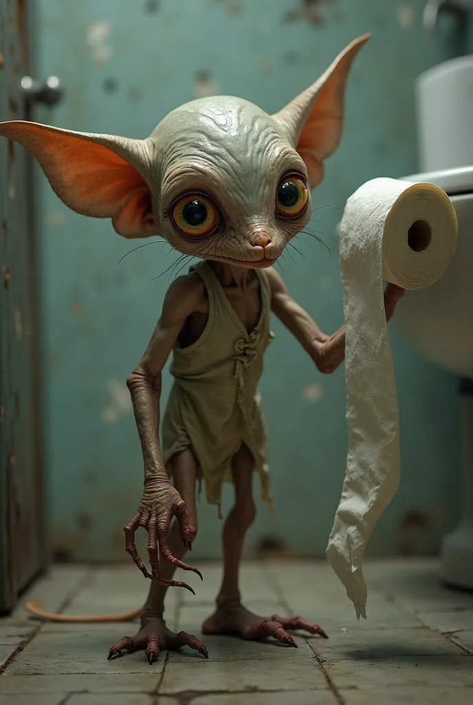 Create for me an image of the creature called the house elf, is a race shown in the Harry Potter movie but remember I don't want him to use content from any movie. Make this house elf in a bathroom, he will be bent over and extending a toilet paper as an o...