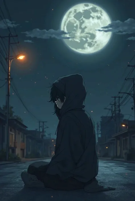 Sad anime sets on the ground and looks to the moon and he wears a hoodie 
And he’s in the city and there is a road light 
