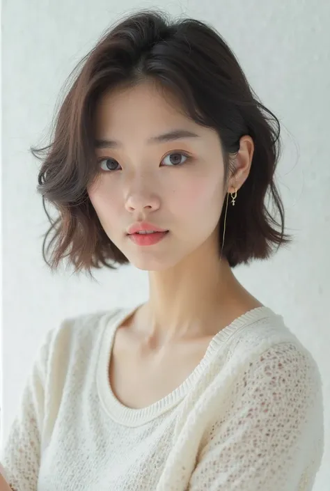 realistic light,natural light,white background,top quality、8 thousand、32,000、masterpiece、UHD:1.2)、photo of korean woman、Korean Shorthair,front position, dark brown hair、upper part of the body,bust、from above、시스루 앞머리 , appreciate, beautiful pic,Short hair, ...