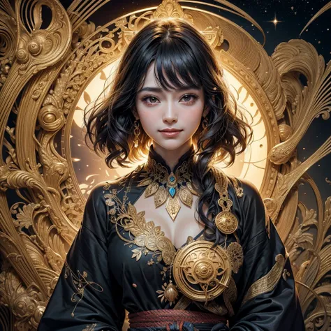 Ultra-Detailed, 4K, (Ultra-Detailed + Ultra-Realistic), Delicate face, dainty facial structure, slanted bangs, skinny, beautiful + 30 yr old Japanese, long dark hair with light waves, magician, looking at viewer, wearing fine thick black kimono, warm light...