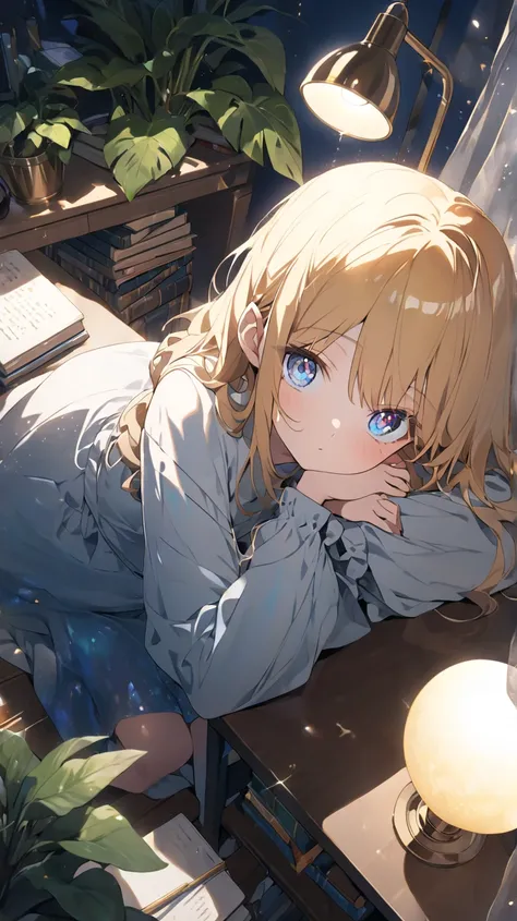 1 girl crouching,  moonlight 、room、Desk lamp、houseplants、curtains、 books、blue eyes, yellow hair、from above、dutch angle, glitter effect, lens flare, 