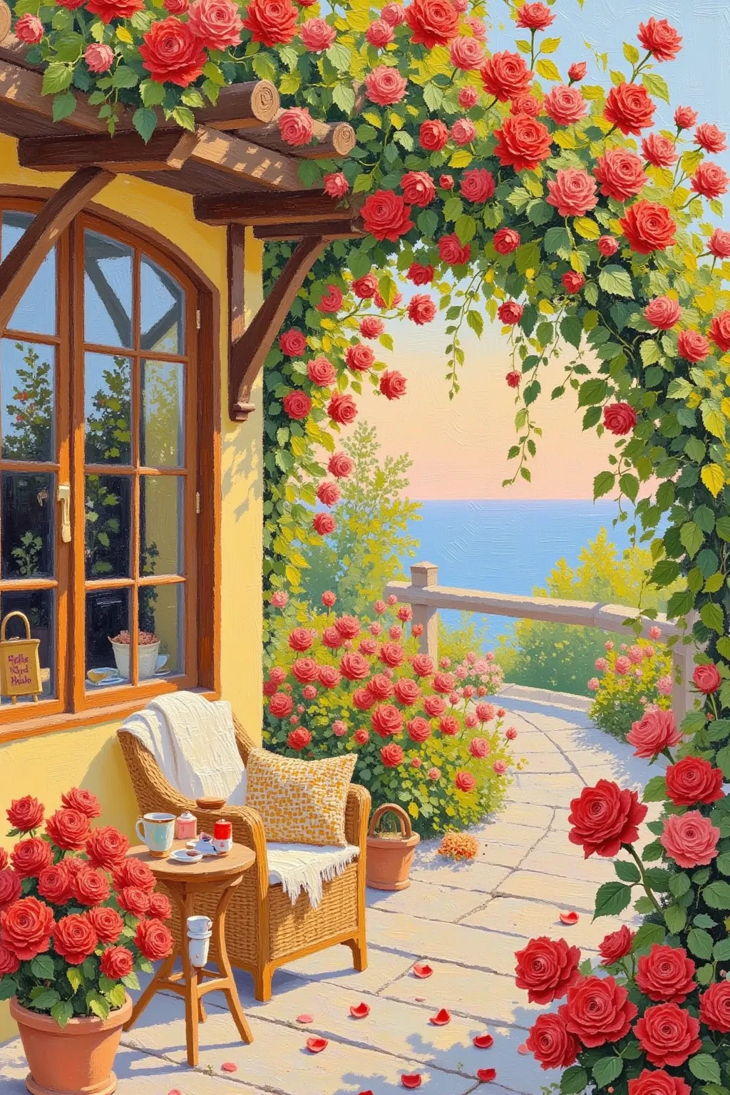 High saturation，  oil painting texture  ，Light and Shadow，     rough brushstrokes and textures  ： A simple wooden cottage,Lots of red roses blooming all around.  reveals a more refined exterior , Rose petals scattered on the wooden deck. The pergola above ...