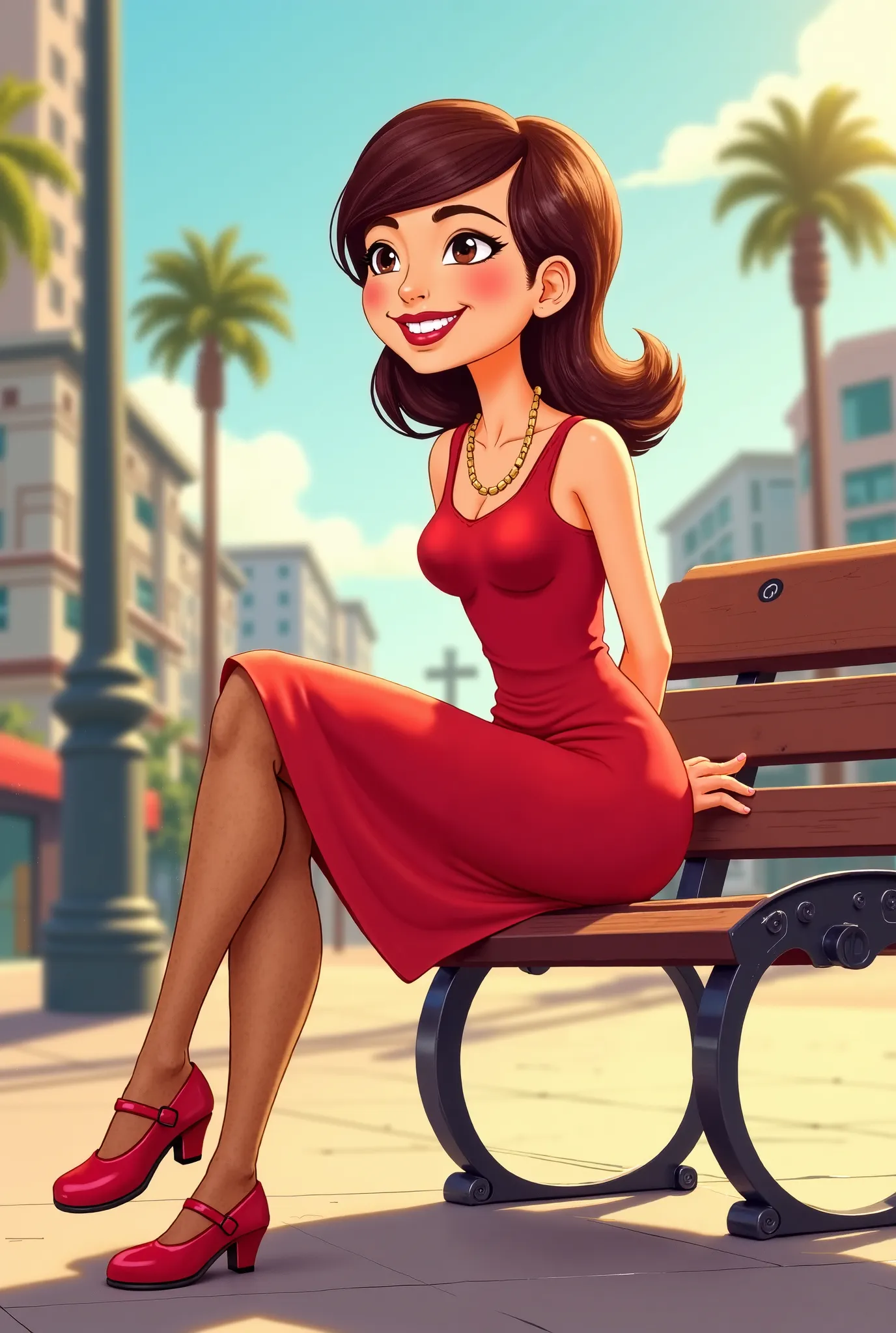 Tip: A very lovely  beautiful Asian American woman being happy alone on a bench in Downtown San Diego in the sun… The illustration is a high definition illustration with 4k resolution., with highly detailed facial features and cartoon style visuals, red kn...