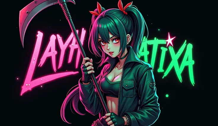 a logo do canal "Layh-Largatixa" Features an anime killer holding a sickle, with pink and green glitter and shiny details. She wears a weed green mercenary outfit and has hair with neon reflections. the name "Layh-Largatixa" is in modern font, with neon gr...