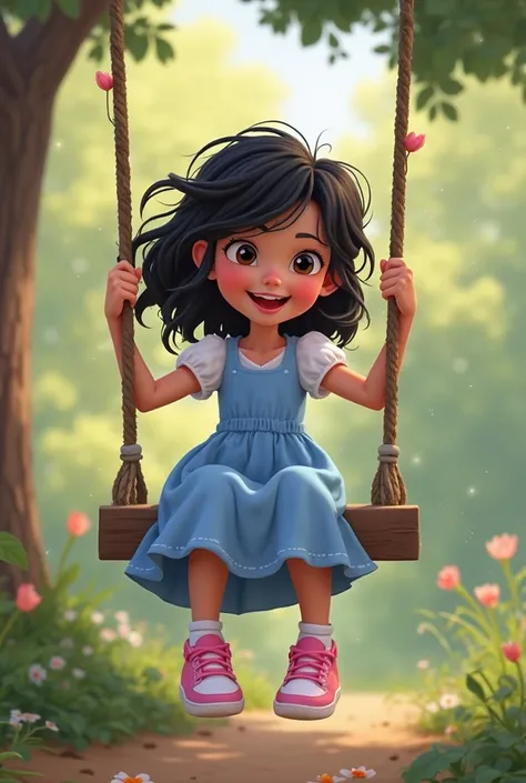  Create the image that describes the text After it was Sofia's turn ( She is a  girl in a sky blue dress, white blouse , pink tennis shoes, black and disheveled hair in )the swing. Laughter and more laughter could be heard as time flew by when they were ha...