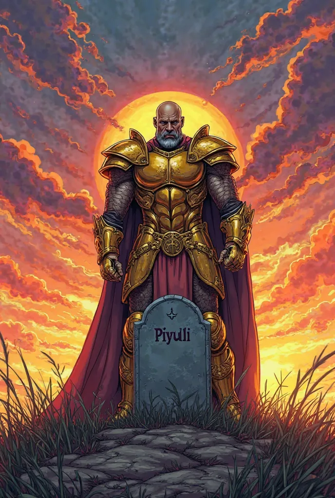  Comic style image. A bald champion, and wearing golden armor with the camera behind him. Kneeling before a grave in a sunset in the background. On the tombstone it says "Piyuli"