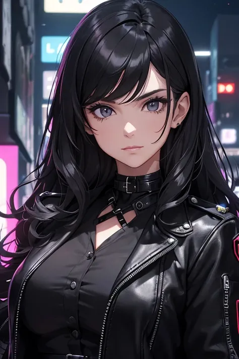 a beautiful adult woman, age group 30 years ,            uniform with long hair, curly and black,      open in front     ,  black eyes combining black leather jacket with short black blouse and choker with buckle,      in a nighttime setting    , dimly ill...