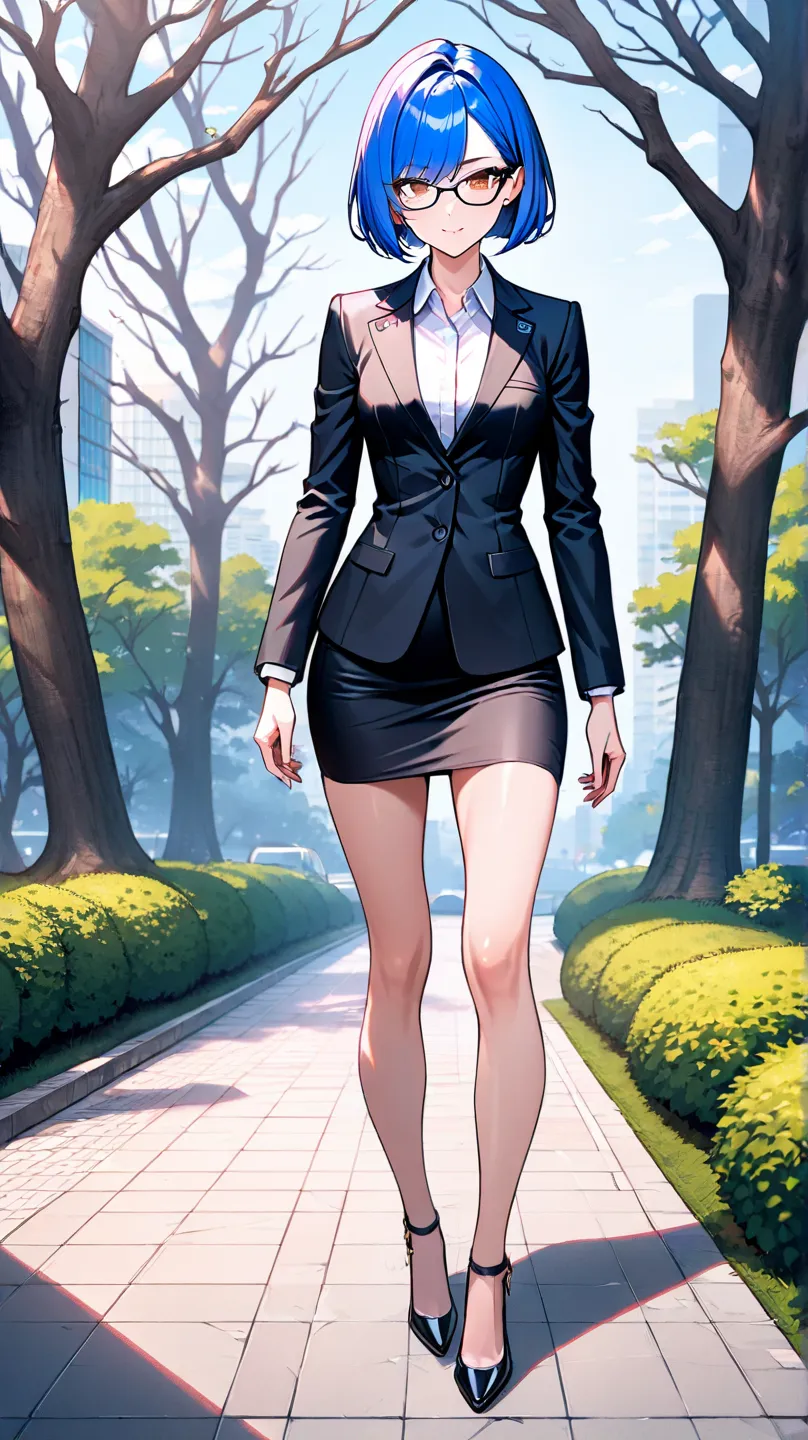 1girl,cool girl,blue hair, bob cut,brown eyes,, glasses,small breasts,slender,mole under eye,

at mornign, spring,standing,in park,


,from front,character focus,full body, 

smiling,

pencil skirt,suit,secretary,short skirt,

best quality, best quality,ul...