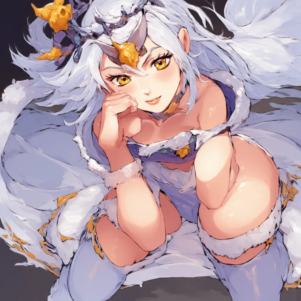 A hot woman, With bright golden eyes and long white hair, she wears a white collar with fur and white high-heeled boots., A metallic White Crown. Anime style 