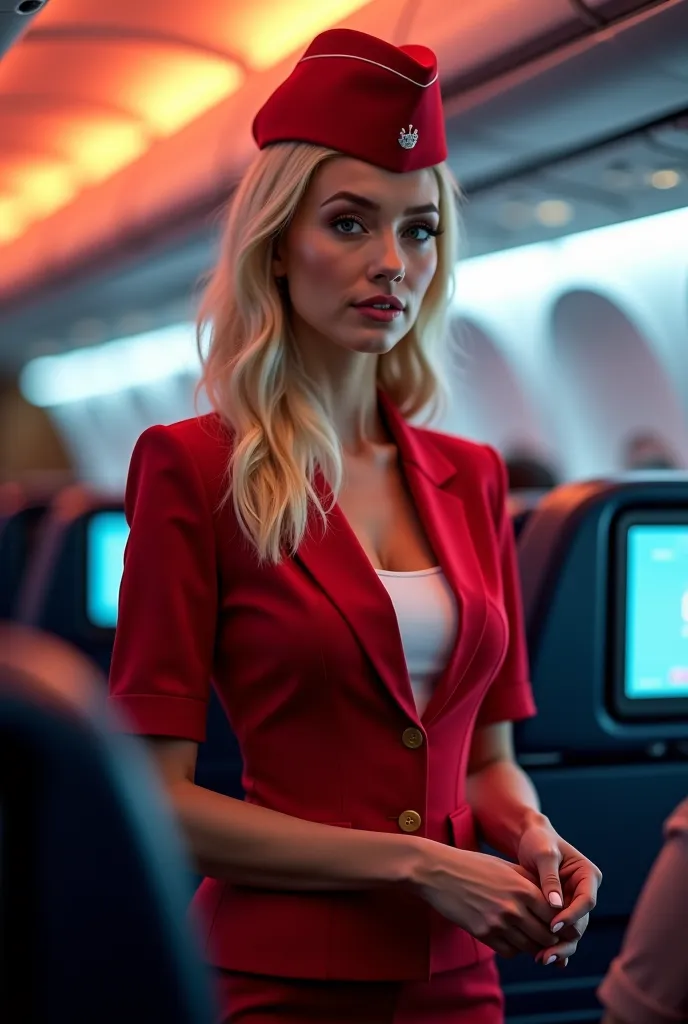  petite pie blonde , realistic,  Sexy Flight Attendant Uniform , In-flight services, Professional Photo Shoot, slim woman , neon sign for the , Inside the Plane