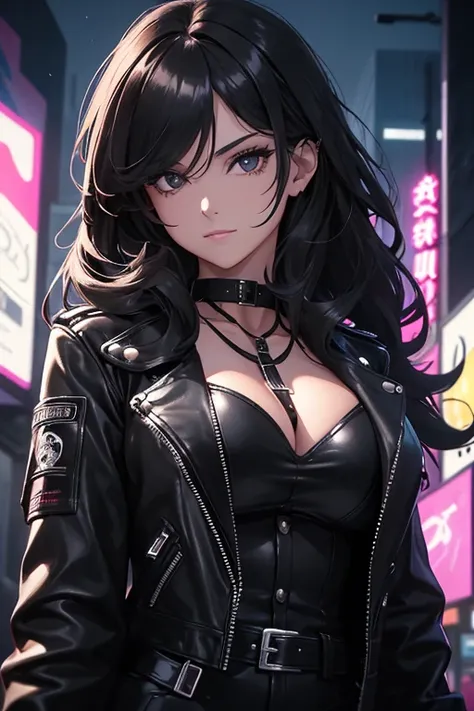 a beautiful adult woman, age group 30 years ,            uniform with long hair, curly and black,      open in front     ,  black eyes combining black leather jacket with short black blouse and choker with buckle,      in a nighttime setting    , dimly ill...