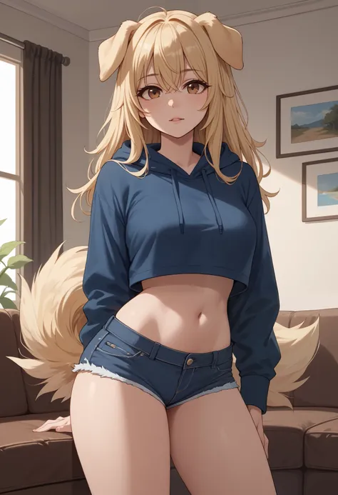 (Masterpiece) (High Detail) (High Res) A short curvy slim Humanoid canine female with pale human skin and brown eyes and long blonde straight hair and fluffy blonde floppy doggy canine ears and a long fluffy blonde doggy canine tail and medium breasts. She...