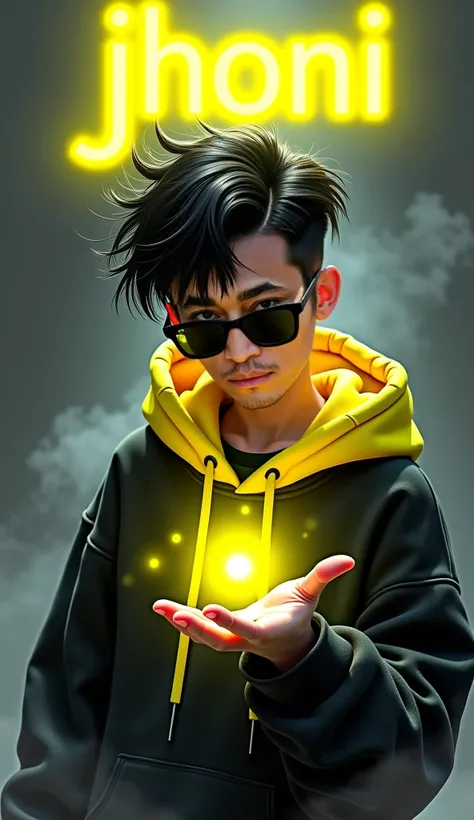 Create a futuristic portrait of a stylish, young figure with tousled, two-tone hair (black and neon yellow) wearing black sunglasses and a cozy hoodie. They're casting a magical glow with smoke that forms the word 'Jhoni' in vibrant yellow above their outs...