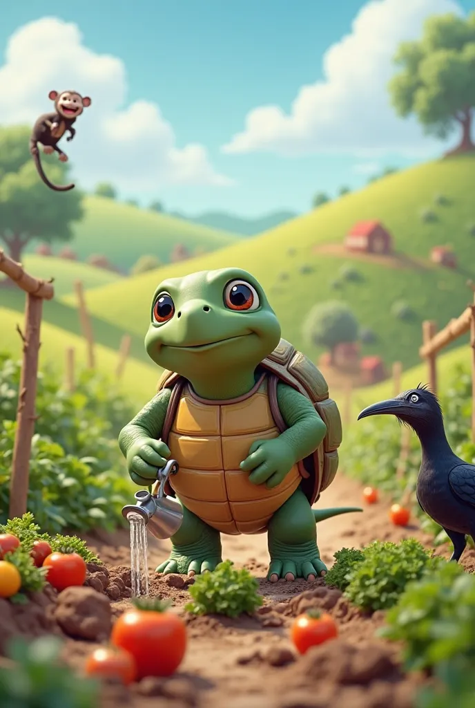 a turtle who is working on it's farm get mocked by monkey and crow bEcause they thing he is crazy for farming cARTOONS, MAKE THEM CUTER, MAKE THE TURTLE WATERING HIS VEGETABLE
